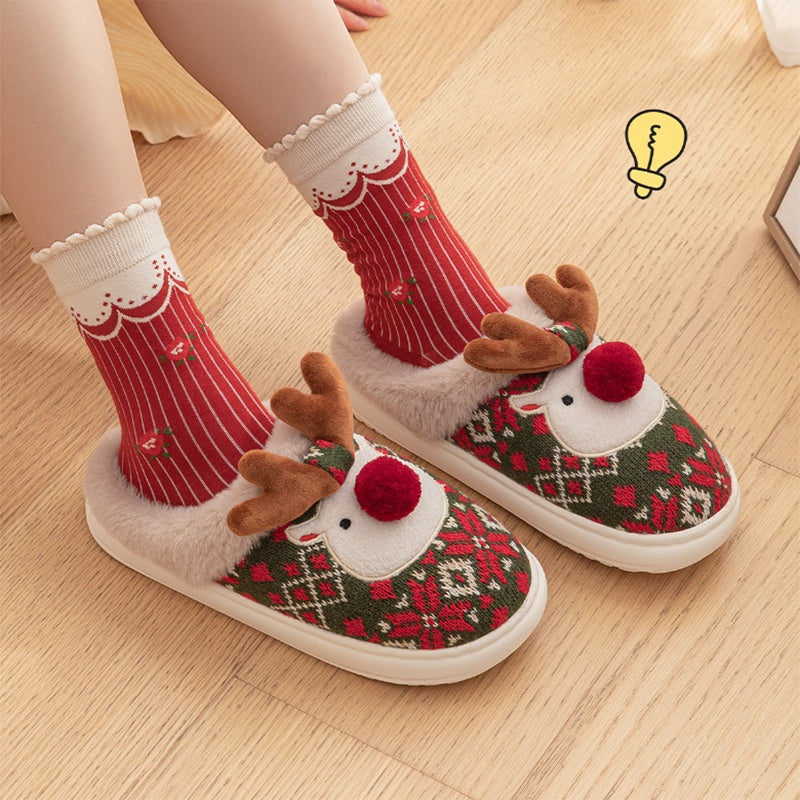 Cute Reindeer Plush Bedroom Slippers – Non-Slip Cozy Warmth