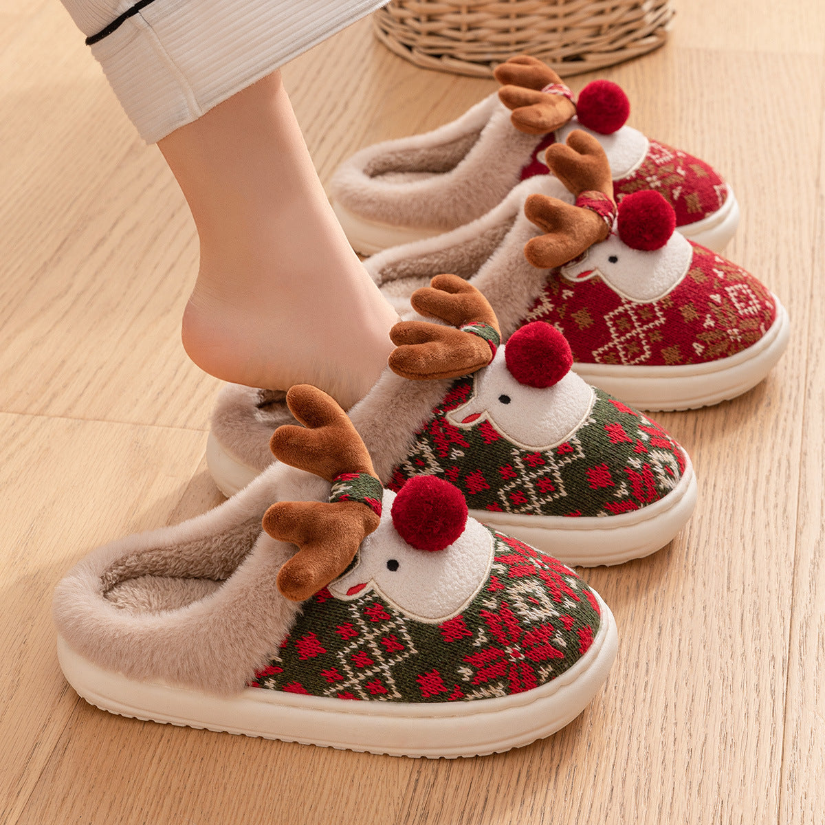 Cute Reindeer Plush Bedroom Slippers – Non-Slip Cozy Warmth