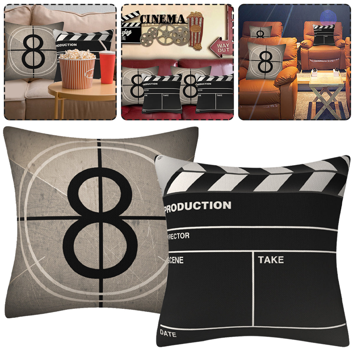 Cinema-Themed Pillow Covers 2-Pack – Decorative