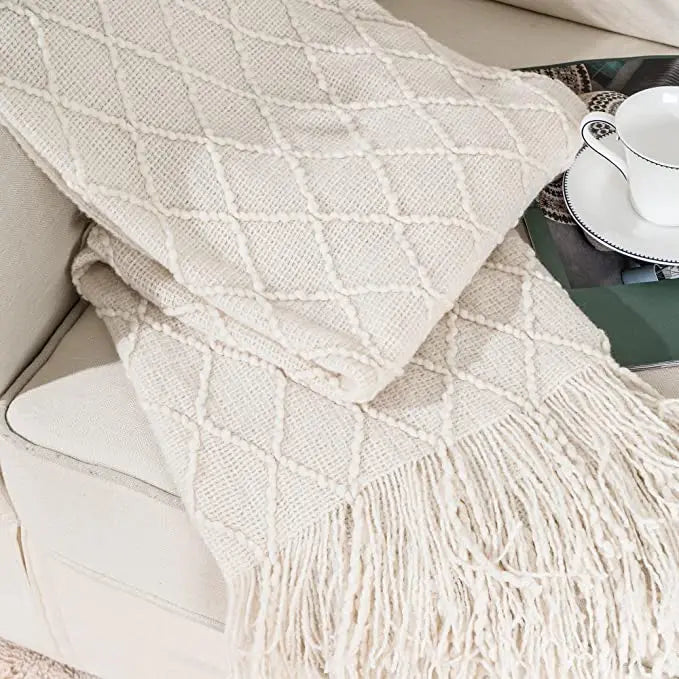 White Boho Tassel Oversized Knit Throw Blanket