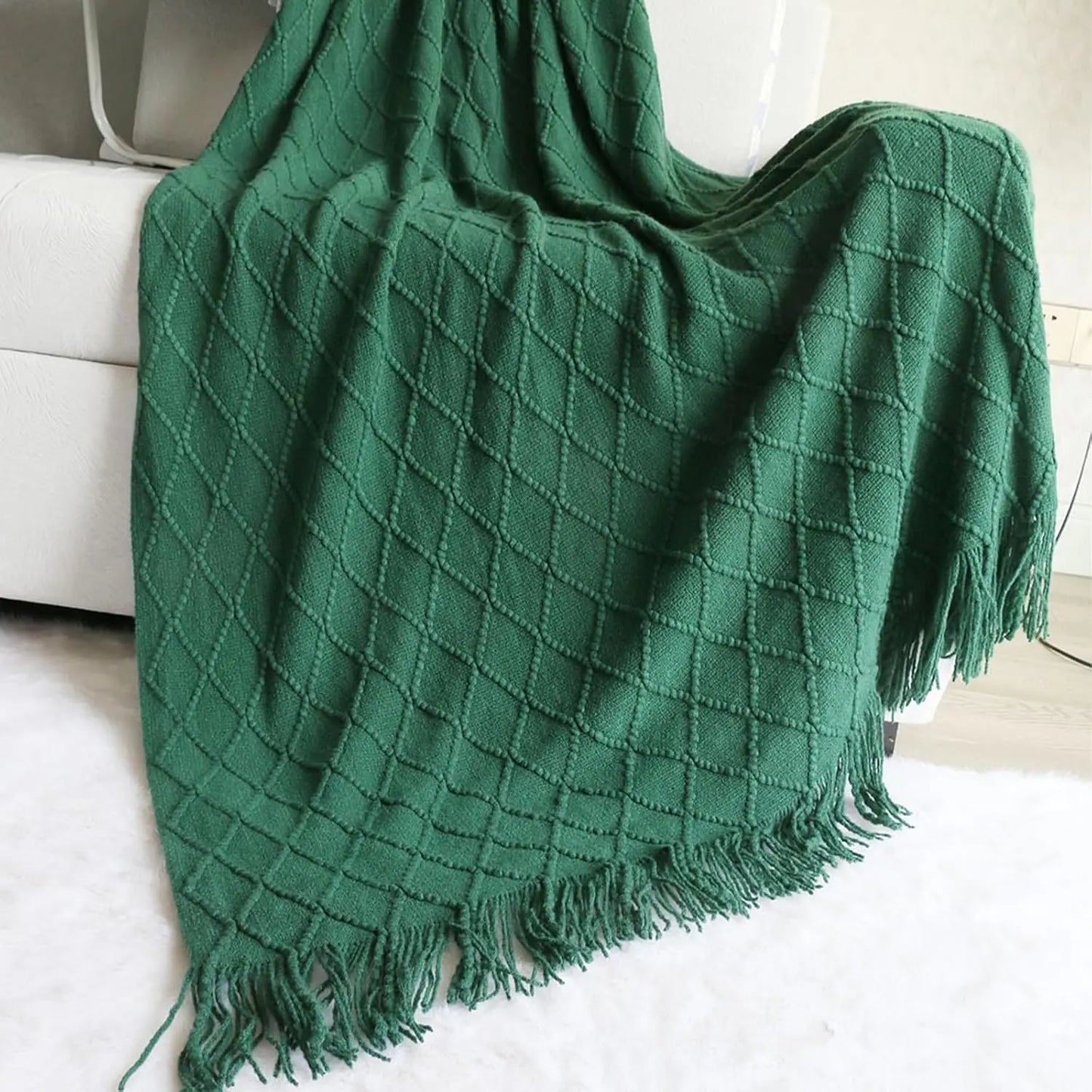 White Boho Tassel Oversized Knit Throw Blanket