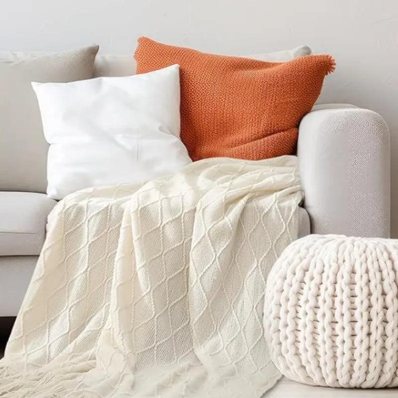 White Boho Tassel Oversized Knit Throw Blanket