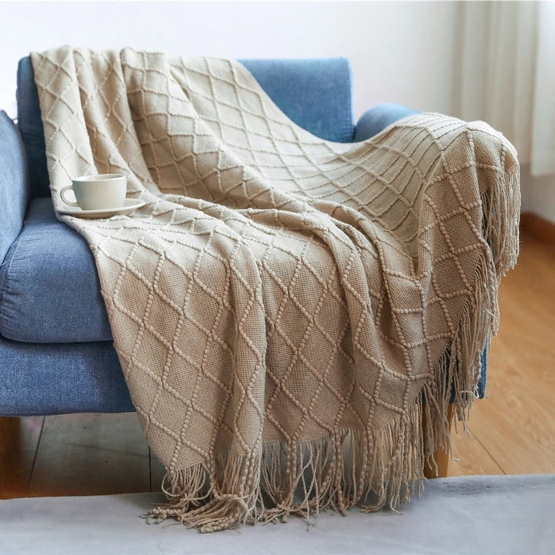 White Boho Tassel Oversized Knit Throw Blanket