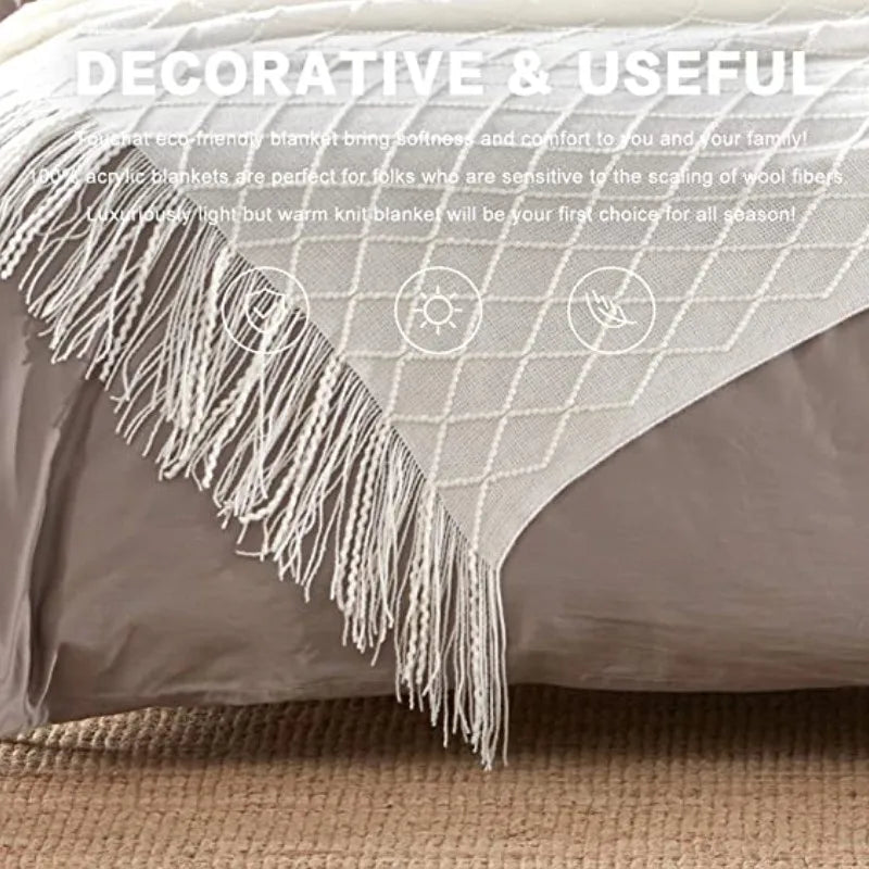 White Boho Tassel Oversized Knit Throw Blanket