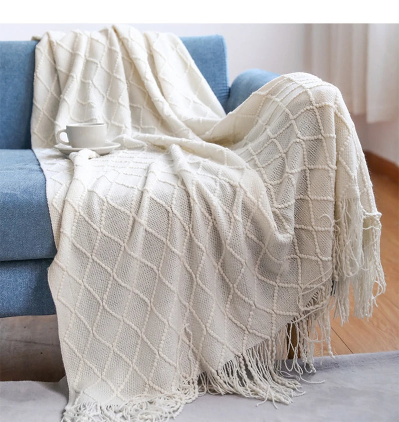 White Boho Tassel Oversized Knit Throw Blanket