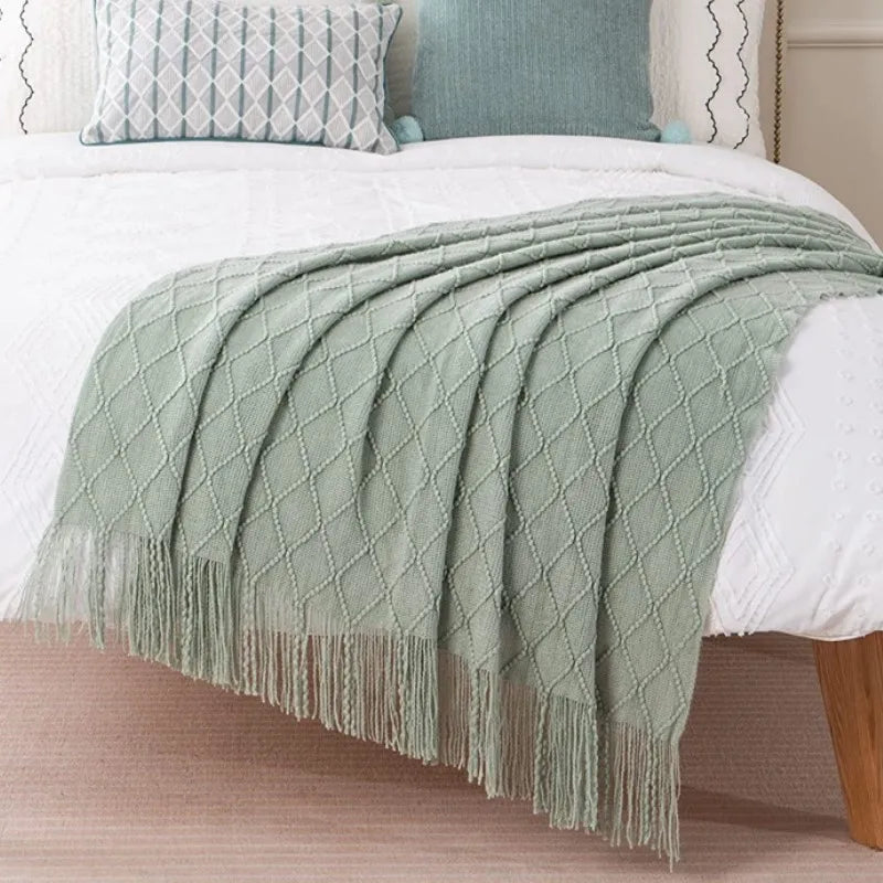 White Boho Tassel Oversized Knit Throw Blanket