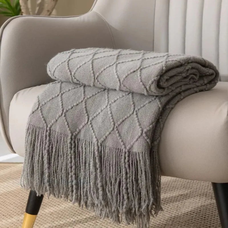 White Boho Tassel Oversized Knit Throw Blanket