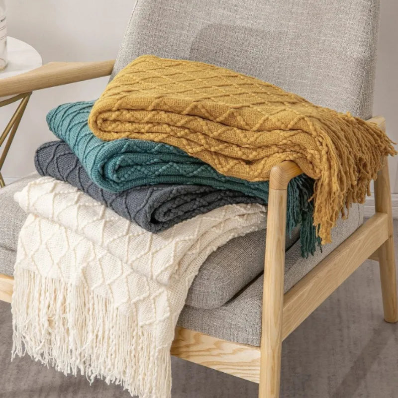 White Boho Tassel Oversized Knit Throw Blanket