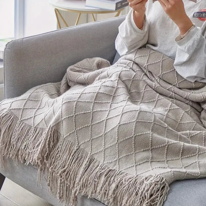 White Boho Tassel Oversized Knit Throw Blanket